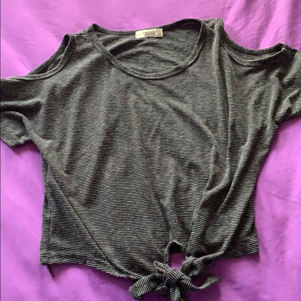 Striped cold-shoulder tie-front shirt
